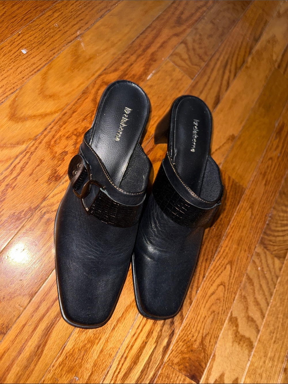 Black Leather Mule Heels with Buckle Strap Liz Claiborne Size 11